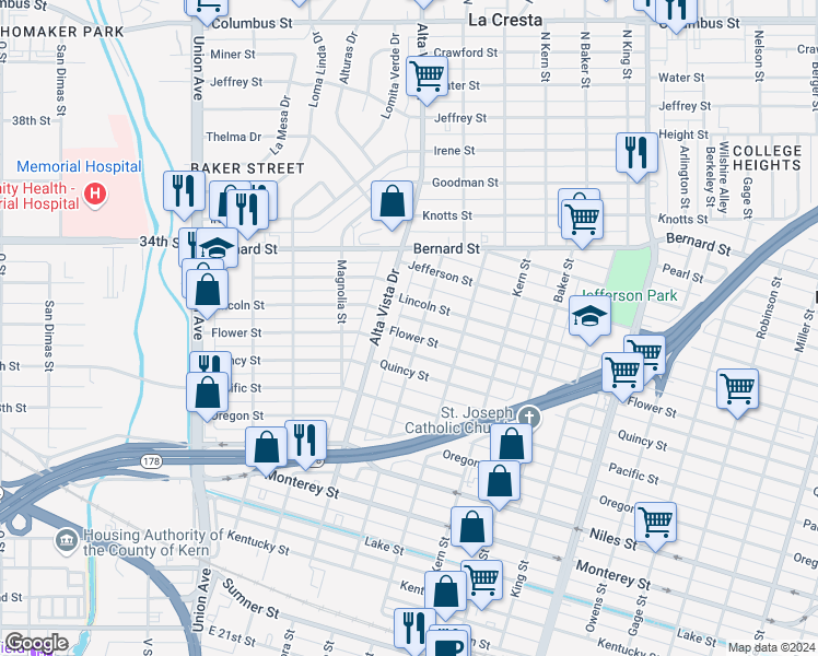 map of restaurants, bars, coffee shops, grocery stores, and more near 320 Flower Street in Bakersfield