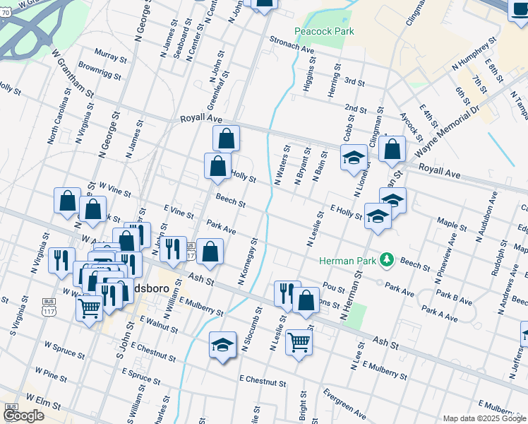 map of restaurants, bars, coffee shops, grocery stores, and more near 500 Beech Street in Goldsboro