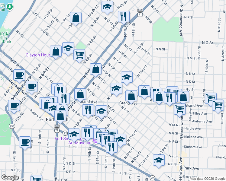 map of restaurants, bars, coffee shops, grocery stores, and more near 623 North 14th Street in Fort Smith