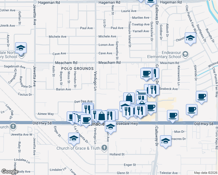 map of restaurants, bars, coffee shops, grocery stores, and more near 3100 Woodstown Street in Bakersfield