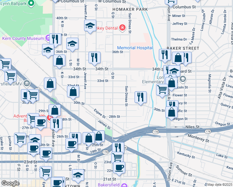 map of restaurants, bars, coffee shops, grocery stores, and more near 717 31st Street in Bakersfield