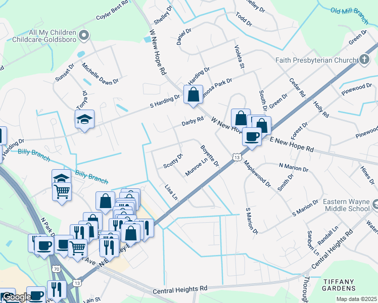 map of restaurants, bars, coffee shops, grocery stores, and more near 1514 Scotty Drive in Goldsboro