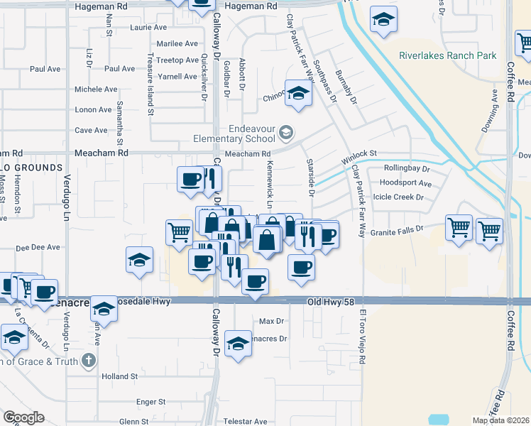 map of restaurants, bars, coffee shops, grocery stores, and more near 9405 Tokeland Court in Bakersfield