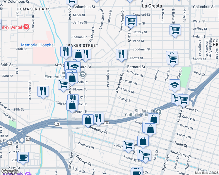 map of restaurants, bars, coffee shops, grocery stores, and more near 240 Flower Street in Bakersfield