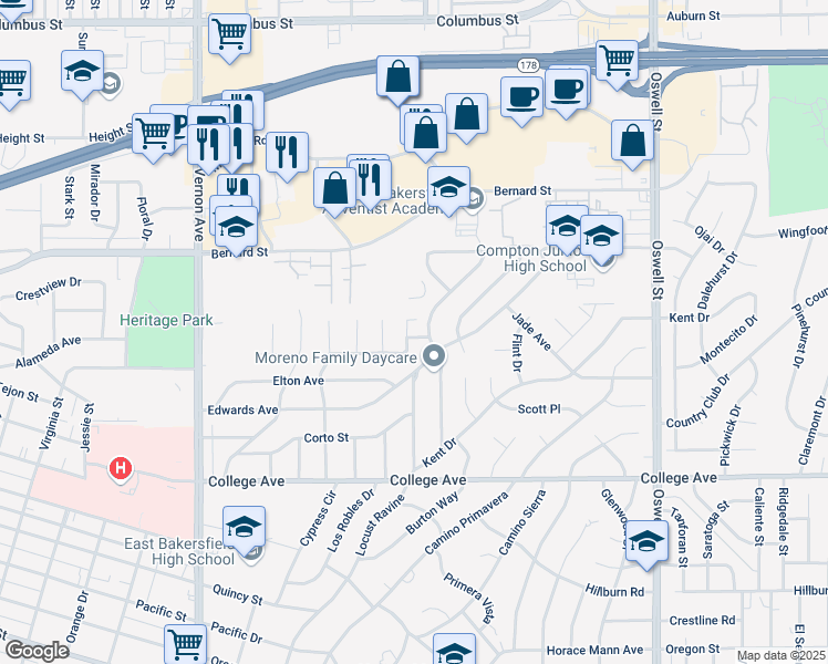 map of restaurants, bars, coffee shops, grocery stores, and more near 2233 Chris Court in Bakersfield
