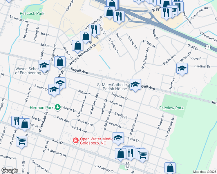 map of restaurants, bars, coffee shops, grocery stores, and more near 907 Rudolph Street in Goldsboro
