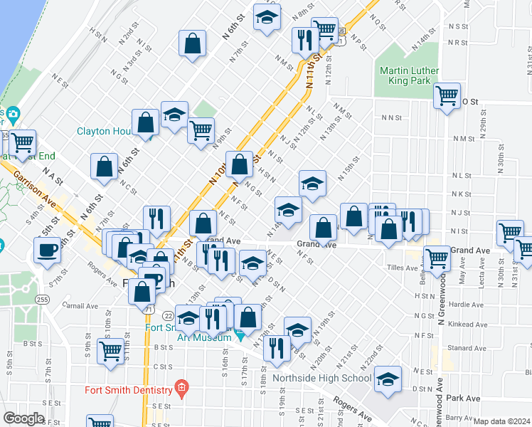 map of restaurants, bars, coffee shops, grocery stores, and more near 612 North 13th Street in Fort Smith