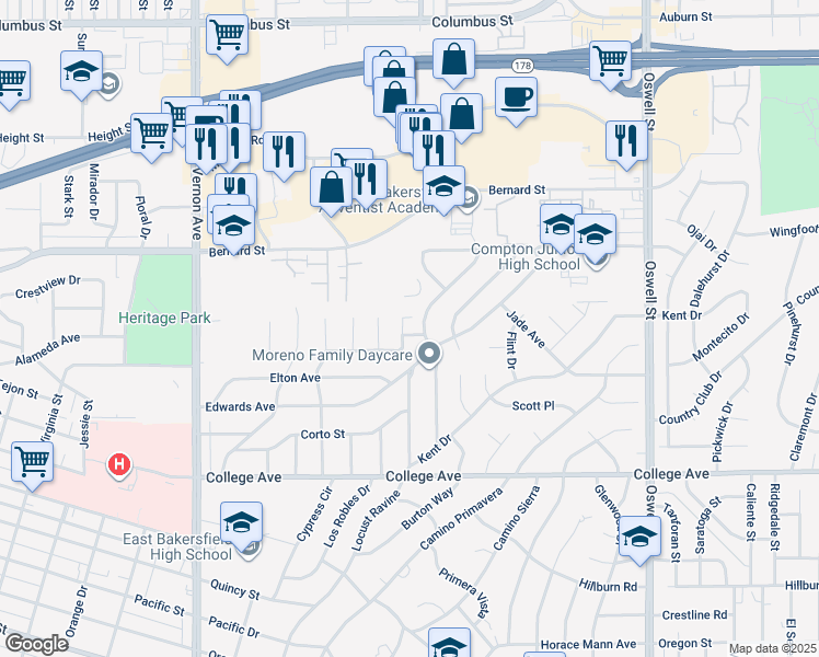map of restaurants, bars, coffee shops, grocery stores, and more near 2233 Chris Court in Bakersfield