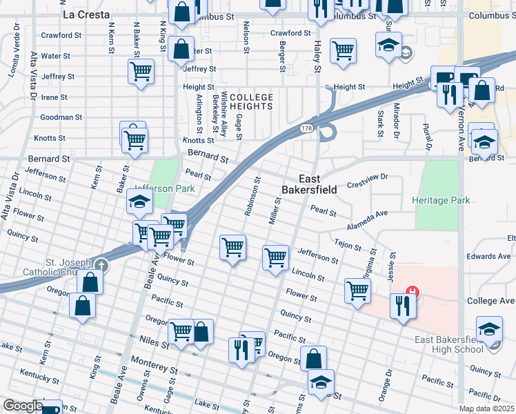 map of restaurants, bars, coffee shops, grocery stores, and more near 1207 Pearl Street in Bakersfield