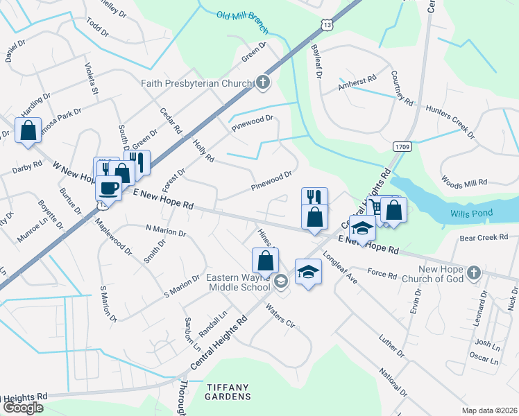map of restaurants, bars, coffee shops, grocery stores, and more near 105 New Hope Village Drive in Goldsboro