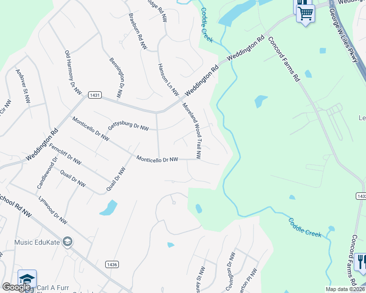 map of restaurants, bars, coffee shops, grocery stores, and more near 1908 Old Greylyn Court Northwest in Concord
