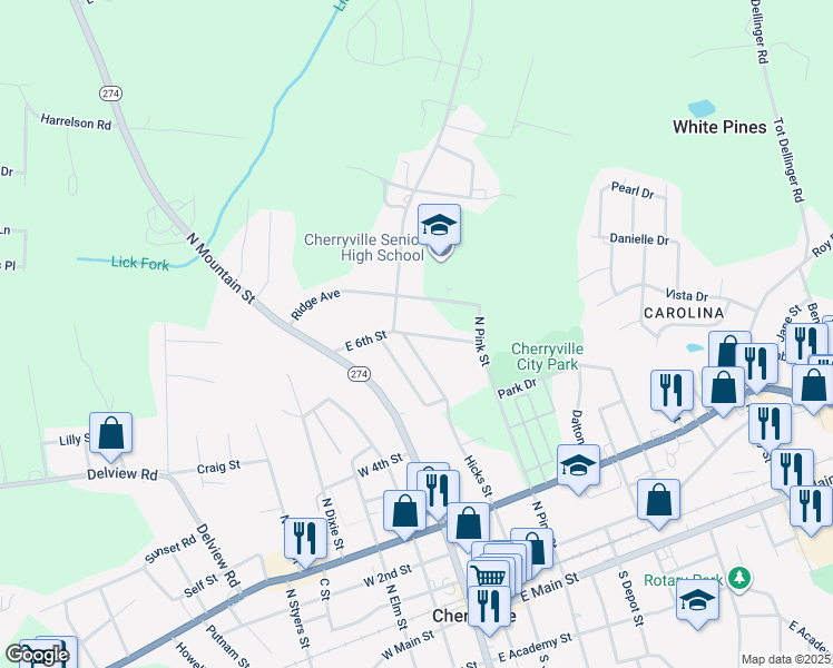 map of restaurants, bars, coffee shops, grocery stores, and more near 301 East 6th Street in Cherryville