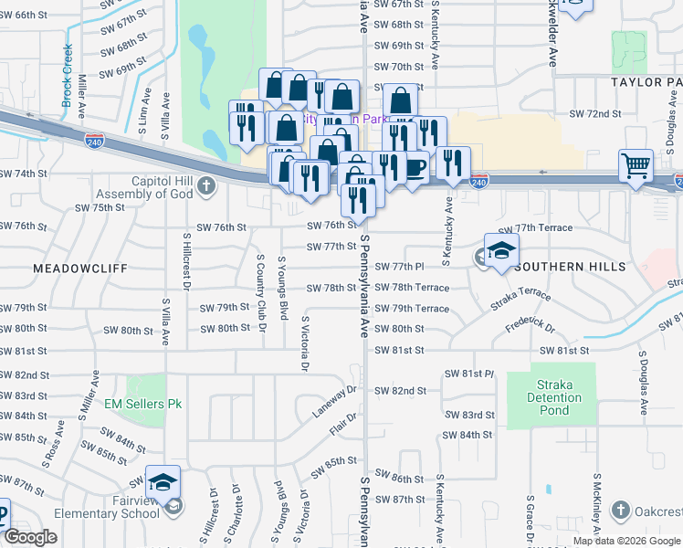 map of restaurants, bars, coffee shops, grocery stores, and more near 2124 Southwest 77th Place in Oklahoma City