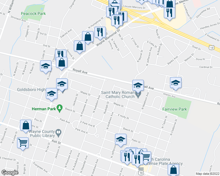 map of restaurants, bars, coffee shops, grocery stores, and more near 907 North Rudolph Street in Goldsboro