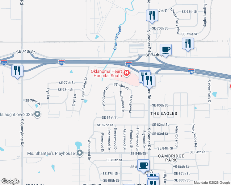 map of restaurants, bars, coffee shops, grocery stores, and more near 7912 Breezewood Drive in Oklahoma City