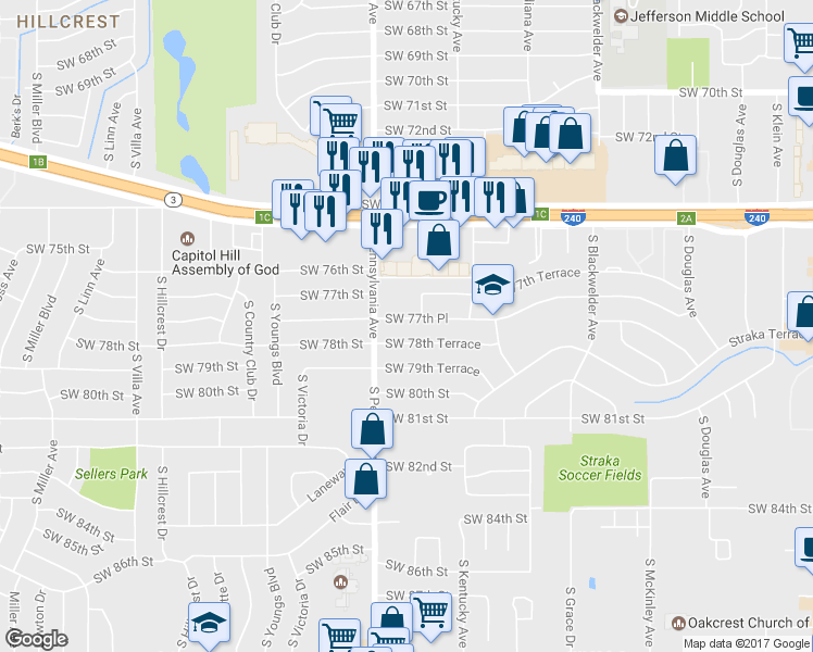 map of restaurants, bars, coffee shops, grocery stores, and more near 1606 Southwest 77th Place in Oklahoma City