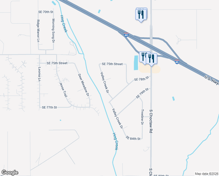 map of restaurants, bars, coffee shops, grocery stores, and more near 7824 Valley Creek Drive in Choctaw