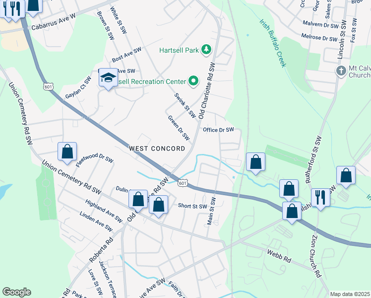 map of restaurants, bars, coffee shops, grocery stores, and more near 728 Old Charlotte Road Southwest in Concord
