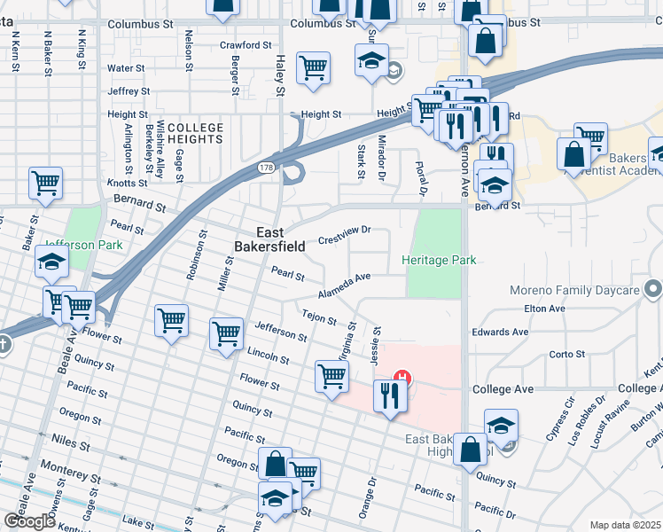 map of restaurants, bars, coffee shops, grocery stores, and more near 2125 San Luis Street in Bakersfield