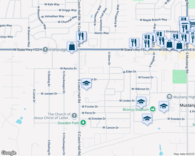 map of restaurants, bars, coffee shops, grocery stores, and more near 747 West Forest Drive in Mustang