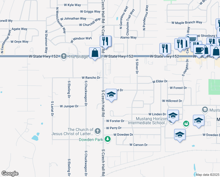 map of restaurants, bars, coffee shops, grocery stores, and more near 831 West Forest Drive in Mustang