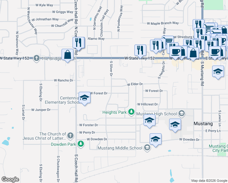 map of restaurants, bars, coffee shops, grocery stores, and more near 659 West Forest Drive in Mustang