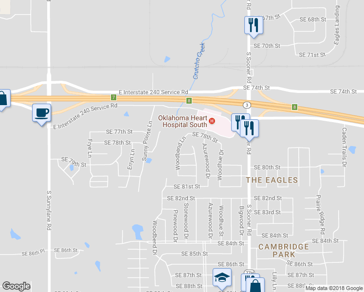 map of restaurants, bars, coffee shops, grocery stores, and more near 7916 Woodbend Lane in Oklahoma City