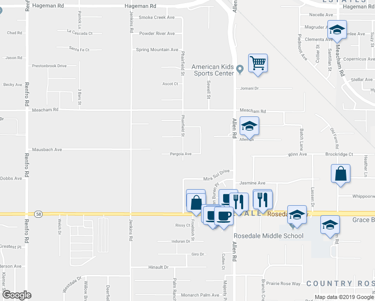map of restaurants, bars, coffee shops, grocery stores, and more near 3100 Phairfield Street in Bakersfield