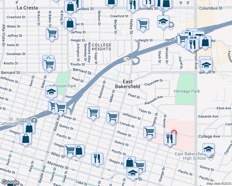 map of restaurants, bars, coffee shops, grocery stores, and more near 1305 Pearl Street in Bakersfield