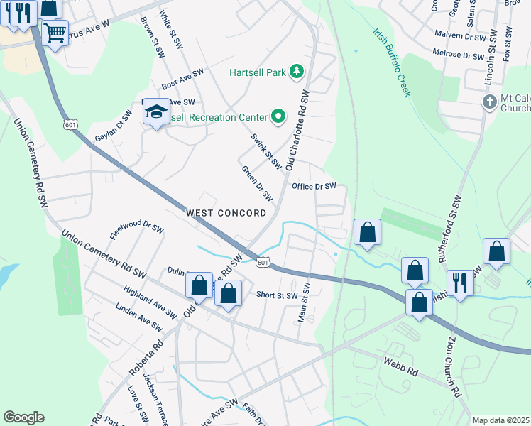 map of restaurants, bars, coffee shops, grocery stores, and more near 728 Old Charlotte Road Southwest in Concord