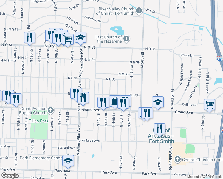 map of restaurants, bars, coffee shops, grocery stores, and more near 1215 North 46th Street in Fort Smith