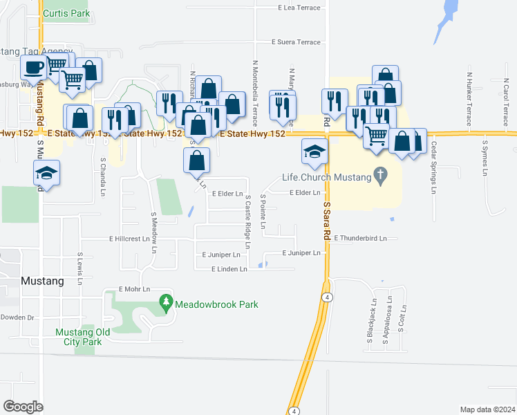 map of restaurants, bars, coffee shops, grocery stores, and more near 419 South Pointe Lane in Mustang