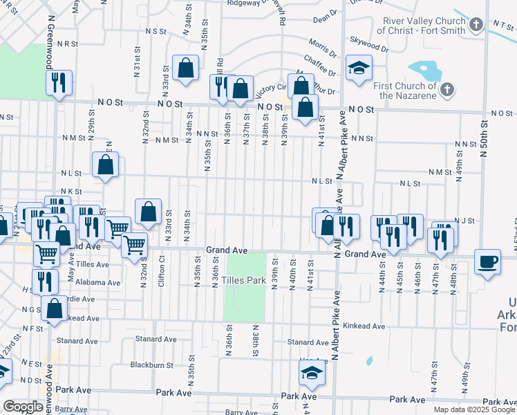map of restaurants, bars, coffee shops, grocery stores, and more near 1211 North 38th Street in Fort Smith