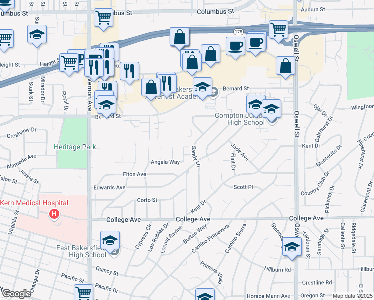 map of restaurants, bars, coffee shops, grocery stores, and more near 2233 Chris Ct in Bakersfield