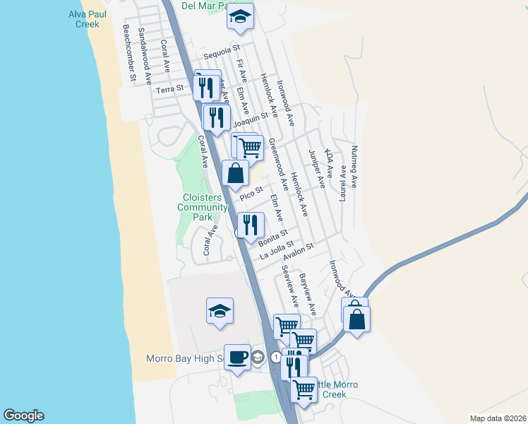 map of restaurants, bars, coffee shops, grocery stores, and more near 2462 Reno Court in Morro Bay
