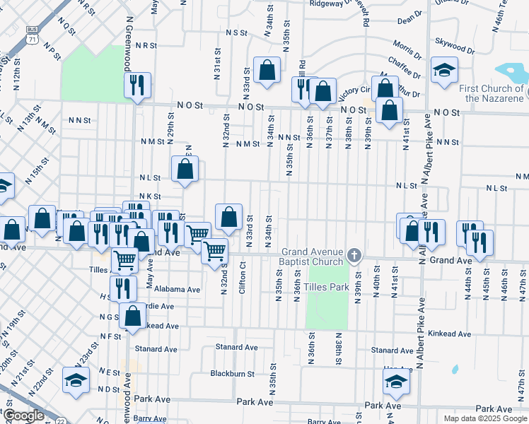 map of restaurants, bars, coffee shops, grocery stores, and more near 1209 North 34th Street in Fort Smith