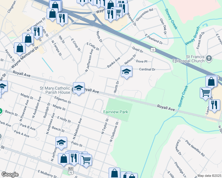 map of restaurants, bars, coffee shops, grocery stores, and more near 1804 Saxon Street in Goldsboro