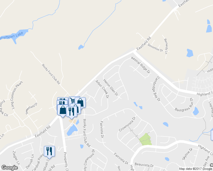 map of restaurants, bars, coffee shops, grocery stores, and more near 13415 Arbor Spring Drive in Charlotte