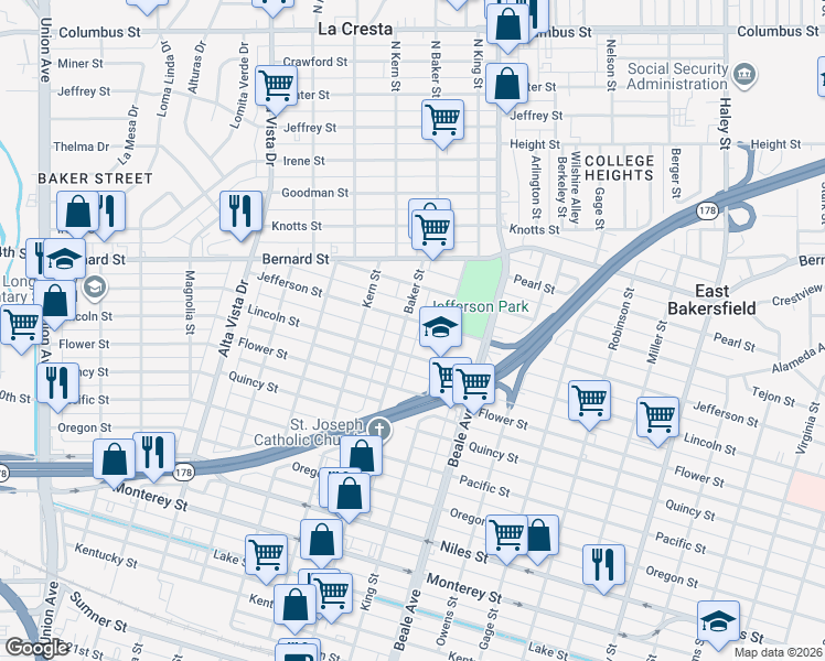 map of restaurants, bars, coffee shops, grocery stores, and more near in Bakersfield