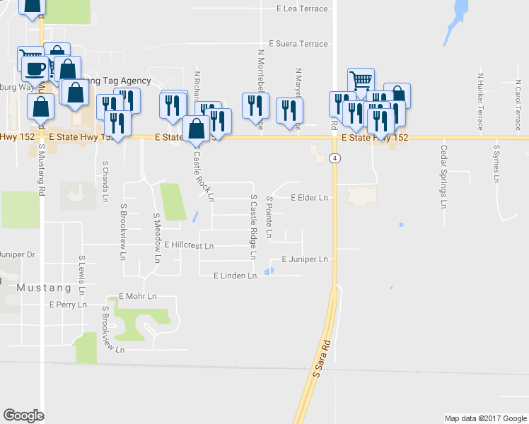 map of restaurants, bars, coffee shops, grocery stores, and more near 416 South Castle Ridge Lane in Mustang