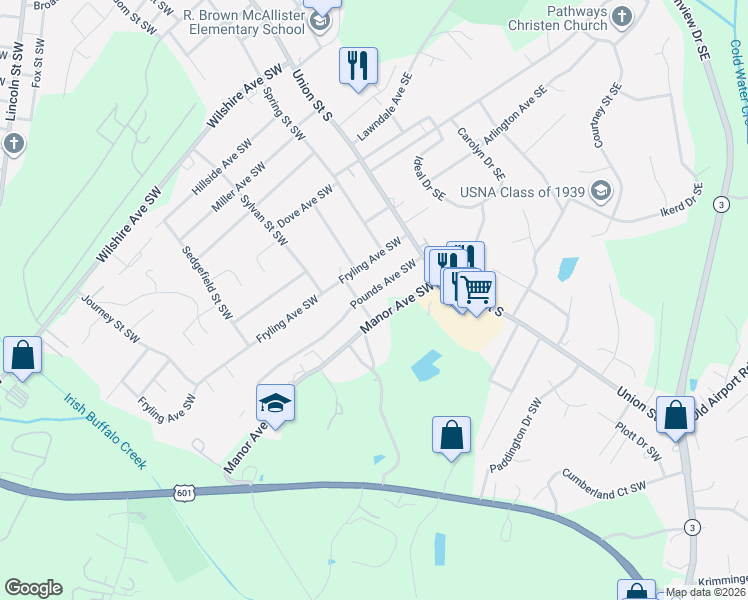 map of restaurants, bars, coffee shops, grocery stores, and more near 81 Pounds Avenue Southwest in Concord