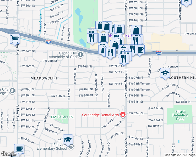 map of restaurants, bars, coffee shops, grocery stores, and more near 7800 South Country Club Drive in Oklahoma City