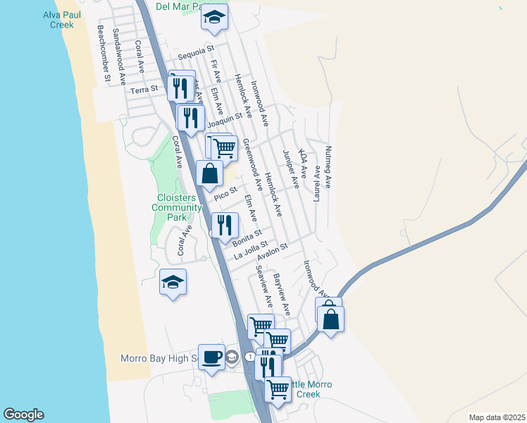 map of restaurants, bars, coffee shops, grocery stores, and more near 2445 Greenwood Avenue in Morro Bay