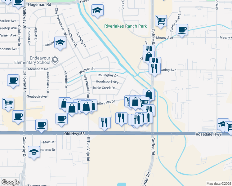 map of restaurants, bars, coffee shops, grocery stores, and more near 8502 Cape Flattery Drive in Bakersfield