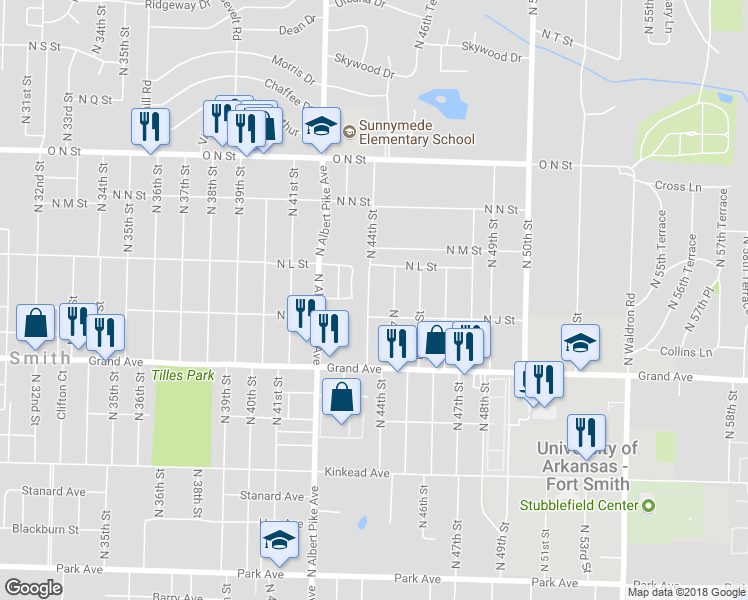 map of restaurants, bars, coffee shops, grocery stores, and more near 1214 North 44th Street in Fort Smith