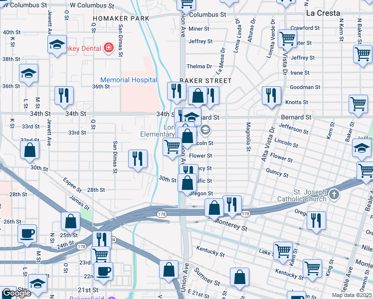 map of restaurants, bars, coffee shops, grocery stores, and more near 3118 Union Avenue in Bakersfield
