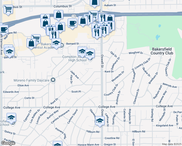 map of restaurants, bars, coffee shops, grocery stores, and more near 2408 Kent Drive in Bakersfield