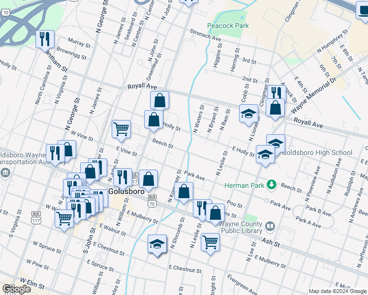 map of restaurants, bars, coffee shops, grocery stores, and more near 421 Beech Street in Goldsboro