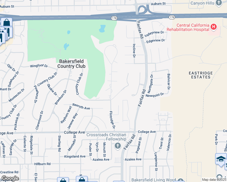map of restaurants, bars, coffee shops, grocery stores, and more near 3801 Flintridge Drive in Bakersfield