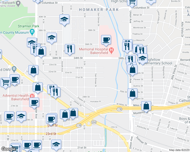 map of restaurants, bars, coffee shops, grocery stores, and more near 3100 San Dimas Street in Bakersfield